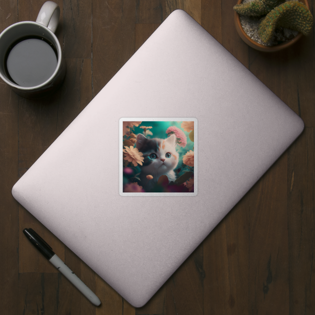 Cute Kitten Blue Eyes Floral Background | White, brown and grey cat with blue eyes | Digital art Sticker by withdiamonds